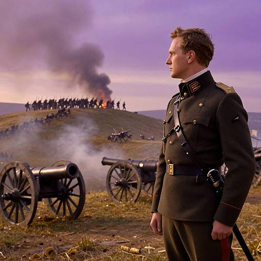 Photograph of a stern-looking, brown-haired man in a black German military uniform observing a battlefield with cannons, soldiers, and smoke in the background.