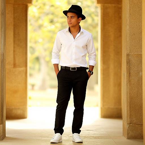Photograph of a young man with light brown skin, wearing a black hat, white shirt, black pants, white shoes, and a watch, standing