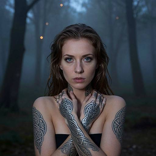 Photograph of a tattooed woman with wet brown hair, blue eyes, and black strap dress, standing in a foggy forest at dusk.