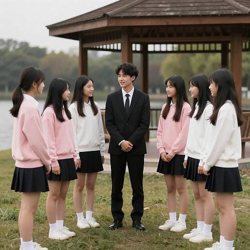 Man Speaking to Teenage Girls Outdoors