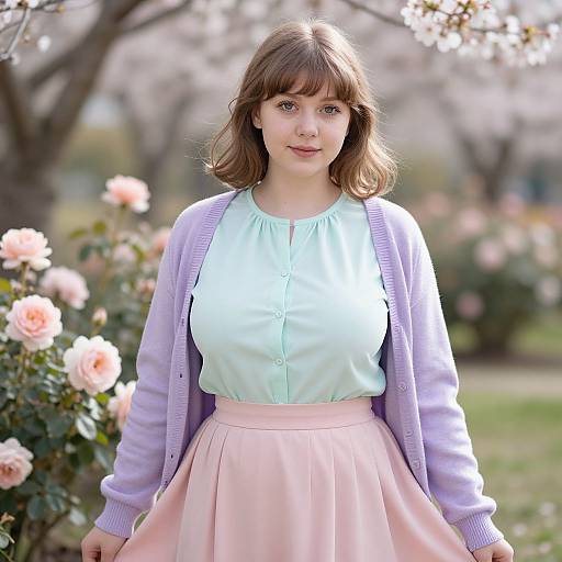 Photograph of a young Caucasian woman with light brown hair, wearing a light blue blouse, pink skirt, and lavender cardigan, standing in a blo