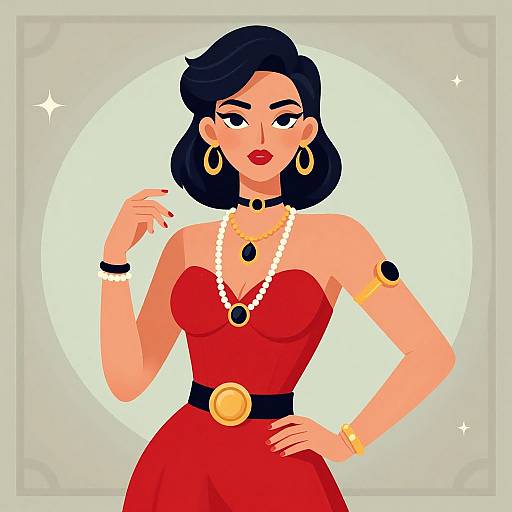 Digital illustration of a confident woman with black hair, red dress, gold jewelry, and black choker, posing against a white circle.