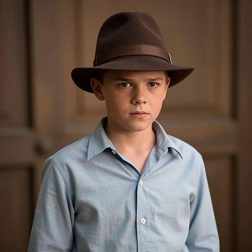 Photograph of a young boy with light skin, wearing a brown fedora and light blue button-down shirt, standing against a wooden door background.