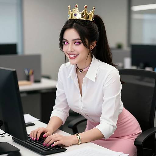 Photograph of a smiling woman with dark hair in a ponytail, wearing a gold crown, white blouse, pink skirt, and choker, typing