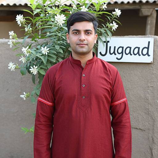 Photograph of a young South Asian man with short black hair, wearing a red embroidered kurtah, standing in front of a beige wall with white