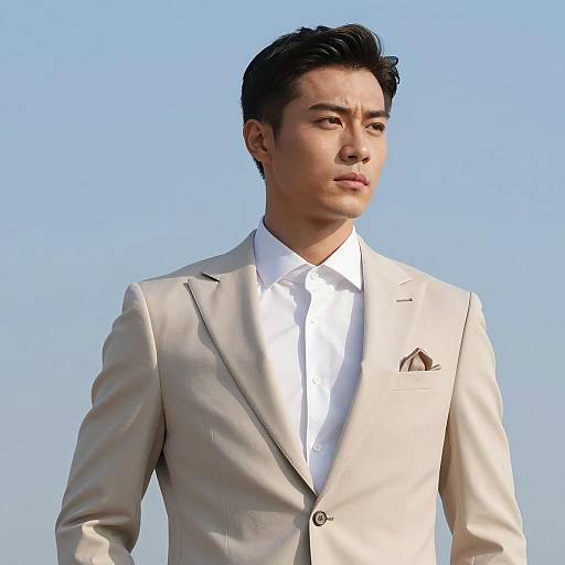 Man in Beige Wedding Suit Against Blue Sky