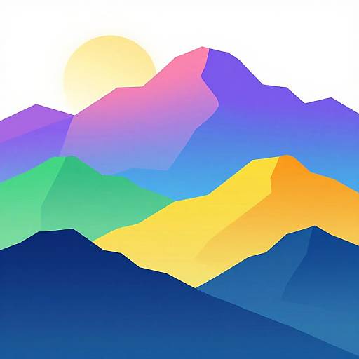 Abstract digital artwork of colorful mountain range with geometric shapes, featuring blue, green, yellow, and orange hues, under a bright yellow sun.