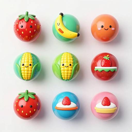 Photograph of nine colorful, round, cartoon-style fruit balls with cute faces, including strawberries, banana, orange, corn, strawberry tart, and more
