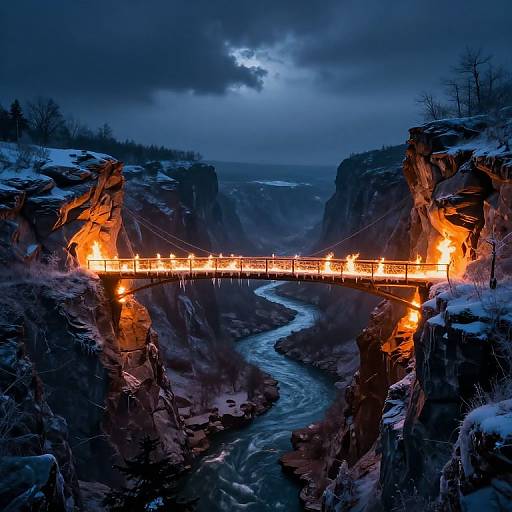 Photograph of a glowing, illuminated bridge spanning a snow-covered, rocky canyon at night, with a winding river below and a dark, cloudy sky overhead