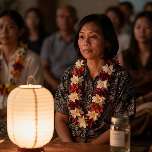 Asian Woman Wearing Lei by Lantern