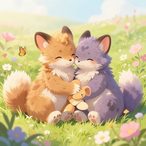 Cute digital illustration of two fluffy, cuddling fox-like creatures in a sunlit meadow, holding a stuffed toy, with a butterfly nearby.