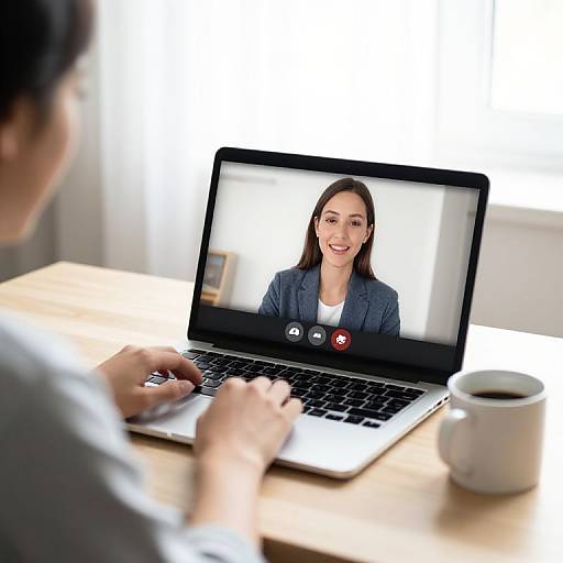 Photograph of a person with blurred profile typing on a laptop, showing a smiling woman in a blue blazer on the screen, with a white coffee