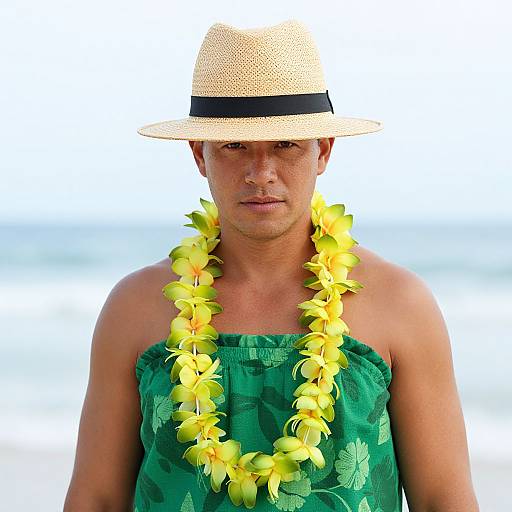 Photograph of a tanned, middle-aged man with short dark hair, wearing a straw hat, green floral shirt, and yellow hibiscus