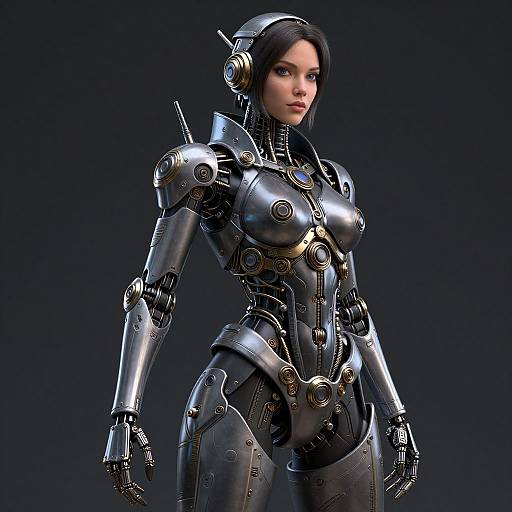 CGI image of a sleek, silver female cyborg with black hair, metallic armor, and gold accents, standing against a dark background.