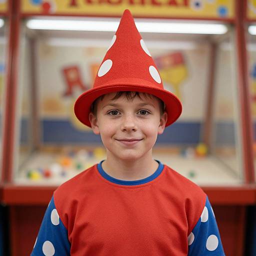 Photograph of a young boy with brown hair, wearing a red polka-dot hat and red shirt with blue polka-dot sleeves, smiling in front