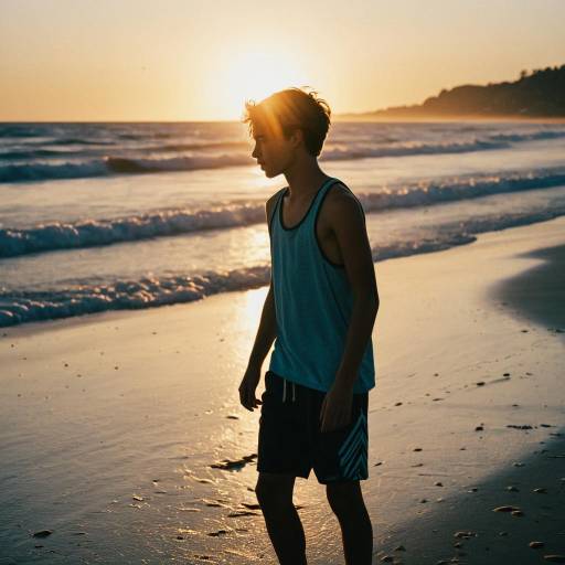Teen Male Surfer Walking on Beach at Sunset