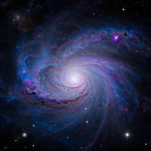 Photograph of a vibrant, swirling galaxy with a bright white core, surrounded by blue, purple, and pink nebulae, set against a star