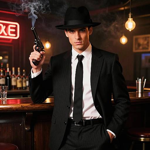 Handsome Man in Pinstripe Suit with Gun
