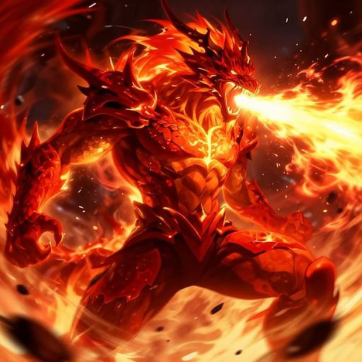 Dynamic digital artwork of a powerful, red, fire-enchanted dragon-like warrior, with flames erupting from its mouth, set against a dark,