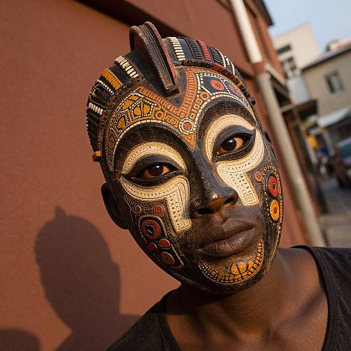 Photograph of a dark-skinned person with intricately painted face in African tribal style, featuring gold, red, and black patterns, against a red