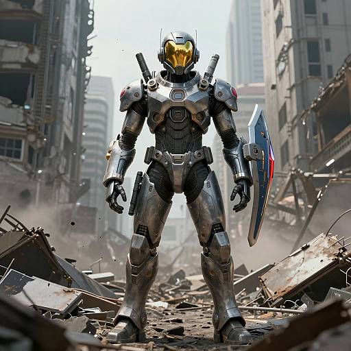 Digital artwork of a futuristic, silver armored robot with a golden visor, holding a shield, standing in a ruined, debris-filled city street.