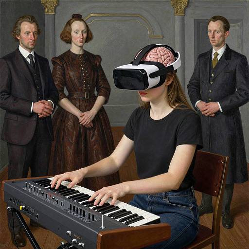 Photograph-style CGI: Victorian-era man and woman in black suits stand behind seated woman with VR headset, playing keyboard, revealing brain.