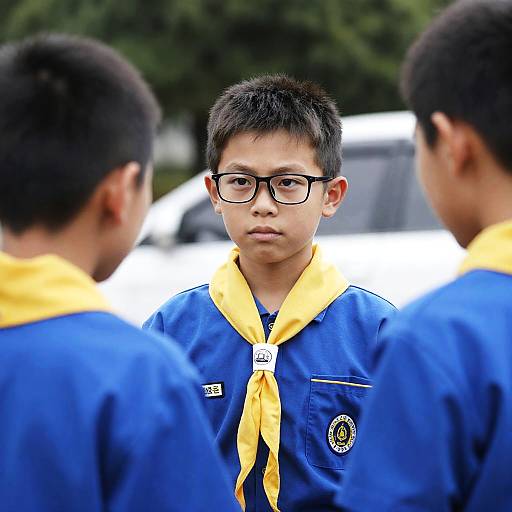 Three Young Scouts in Uniforms Outdoors