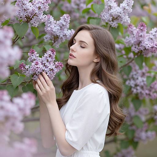 Photograph of a fair-skinned woman with long brown hair, wearing a white blouse, gently touching lavender lilac flowers, surrounded by lush green foliage