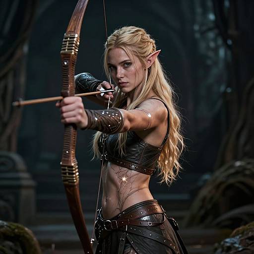 Photorealistic digital art of a blonde, elven archer with pointed ears, wearing a black leather top and arm guards, aiming a wooden bow