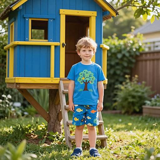 Charming Boy in Colorful Treehouse