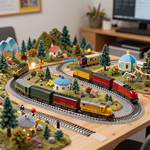 Photograph of a detailed, colorful LEGO train layout on a wooden table, featuring curved tracks, houses, trees, and a blue dome building, with