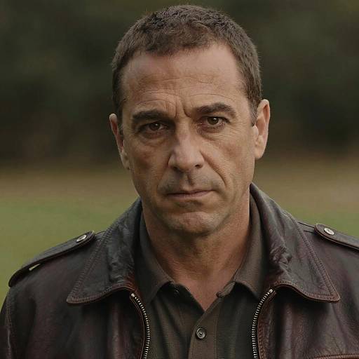 Photograph of a middle-aged man with short dark hair, serious expression, wearing a dark leather jacket over a black shirt, against a blurred green outdoor