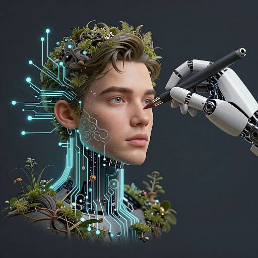 Digital artwork: Young man with green plant crown, cybernetic circuitry, and robotic hand adjusting his eye against dark background.