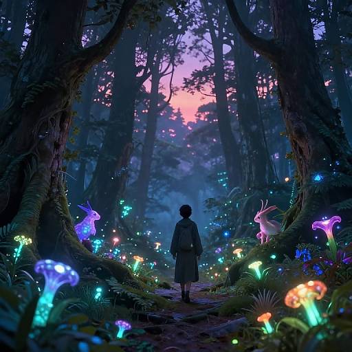Digital artwork of a person in a dark forest at twilight, surrounded by glowing blue, purple, and green mushrooms and bioluminescent deer, with