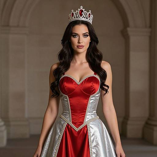 Photograph of a dark-haired woman with long curls, wearing a silver and red strapless ball gown, and a sparkling crown, standing in a stone