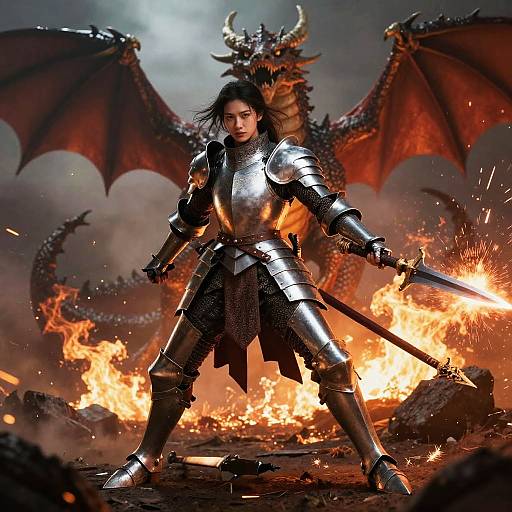 Woman Knight Battling Fierce Dragon