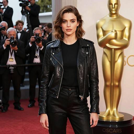 Photograph of Emma Stone in a black leather jacket and pants, standing on a red carpet with a golden Oscar statue, surrounded by photographers.