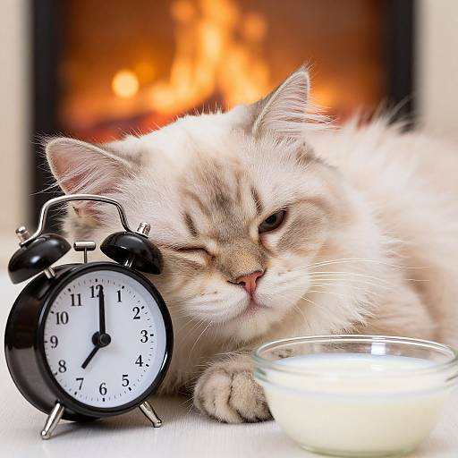 Fluffy, sleepy cat with one eye closed, next to a black alarm clock and a lit candle, in front of a warm, glowing fireplace.