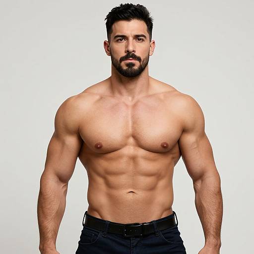 Photograph of a muscular, shirtless man with dark hair and beard, wearing black pants, standing against a plain white background.