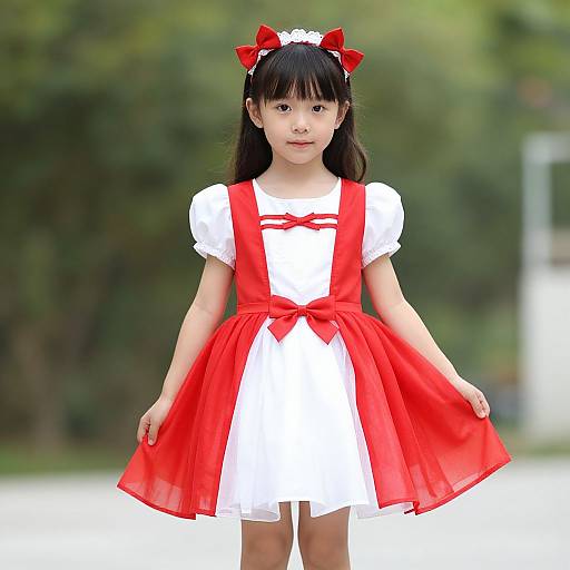Photograph of an Asian girl with black hair, wearing a white dress with red bow accents, red ribbon suspenders, and a red bow headband
