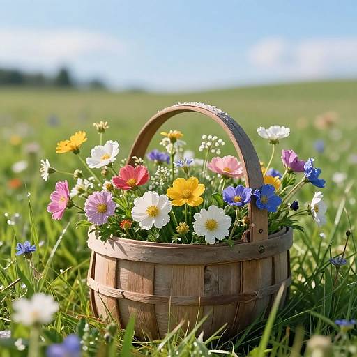 Rustic Basket of Vibrant Wildflowers in Meadow