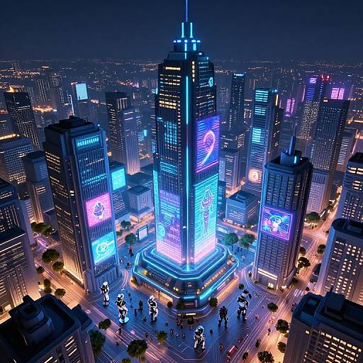 Digital CGI of a neon-lit, futuristic cityscape at night. Central skyscraper with glowing blue and purple lights, surrounded by illuminated buildings and small