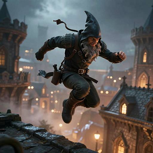 Digital illustration of a leaping, bearded wizard in dark robes and hat, with a belt and pouch, over a foggy, illuminated medieval city