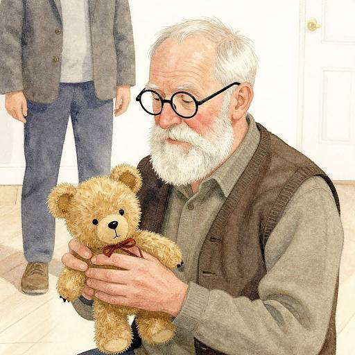 Photograph of an elderly white man with a white beard, glasses, and brown vest, holding a tan teddy bear, with a partially visible man
