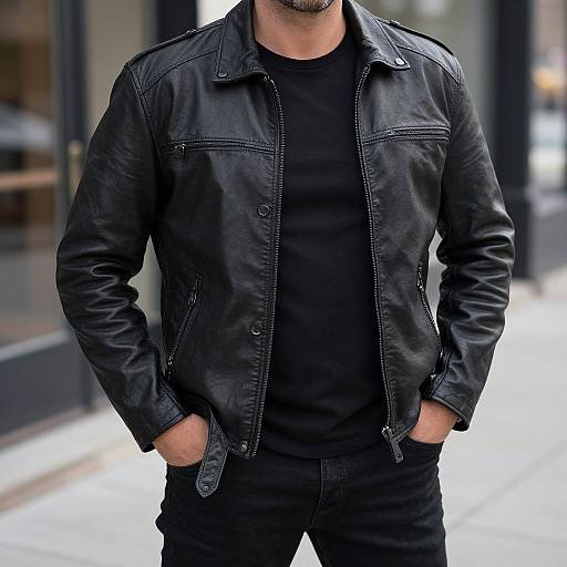 Photograph of a man with a trimmed beard, wearing a black leather jacket over a black shirt and pants, hands in pockets, standing in front of