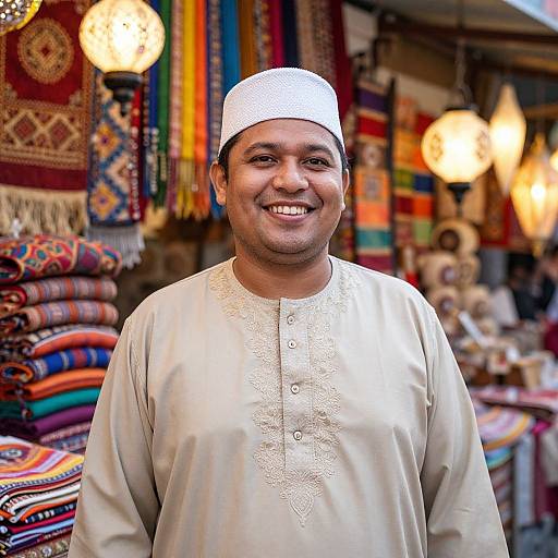 Joyful Muslim Man in Vibrant Market