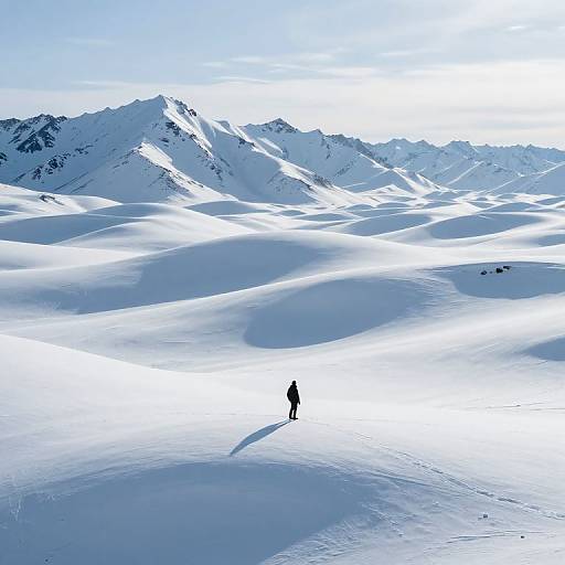Photograph of a lone person standing in a vast, snowy mountain landscape with bright sunlight, casting long shadows on the white snow. Snow-capped peaks
