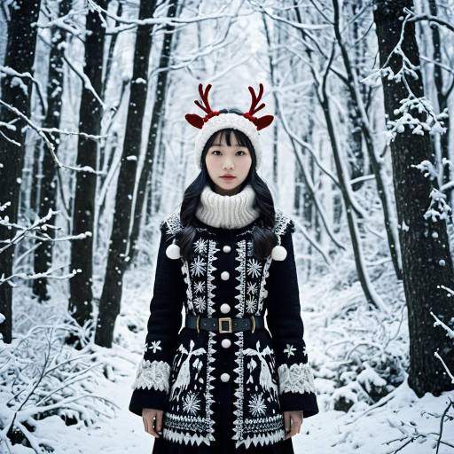 Young Woman in Winter Forest Wearing Reindeer Headband