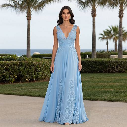Elegant woman in sky-blue lace gown outdoors
