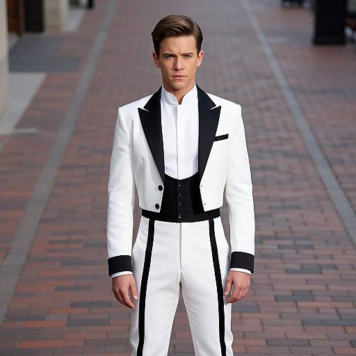 Photograph of a handsome young man with short brown hair, wearing a white suit with black trim, standing on a brick-paved walkway.